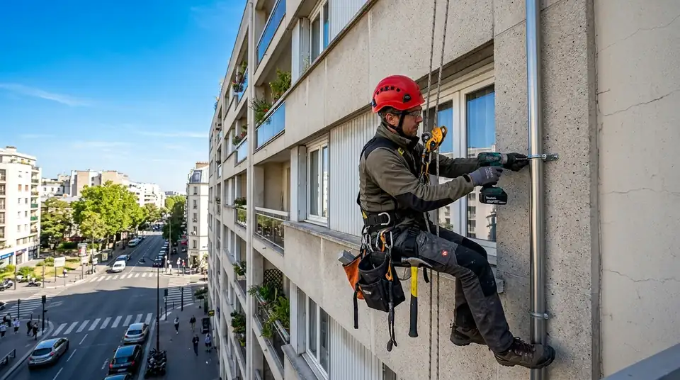 Cordiste en descente contrôlée sur façade parisienne — chantier réel