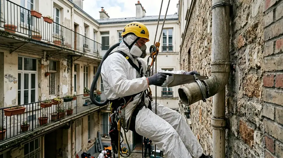 Dépose d'un conduit en fibrociment en cour intérieure par cordiste