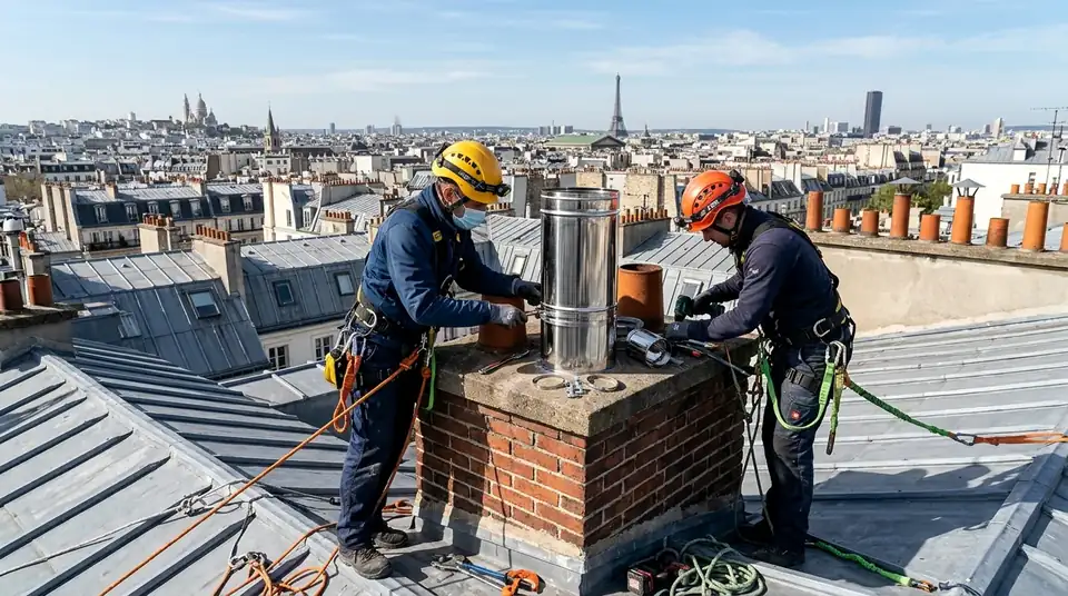 Pose d'un conduit inox sur toiture parisienne — chantier réel