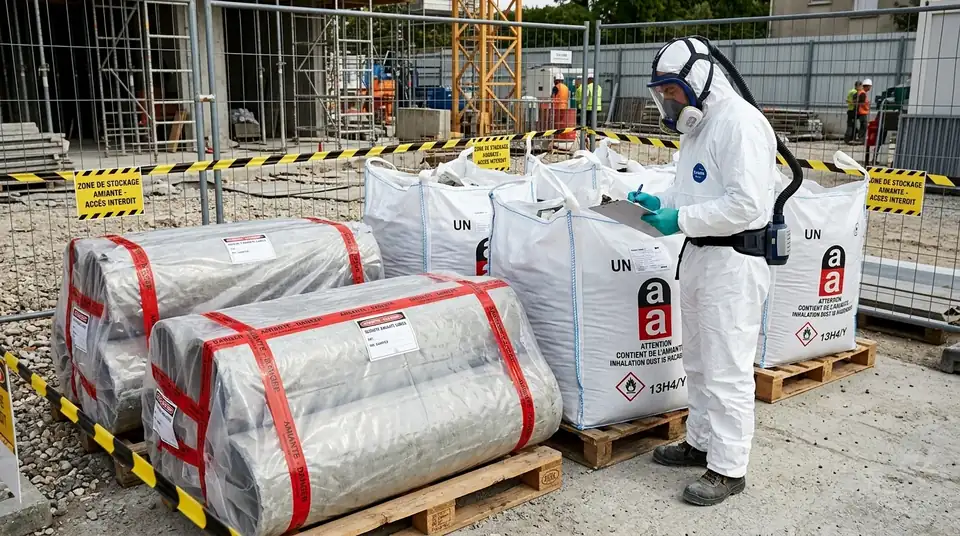 Stockage sécurisé des déchets amiantés en big bags — chantier réel