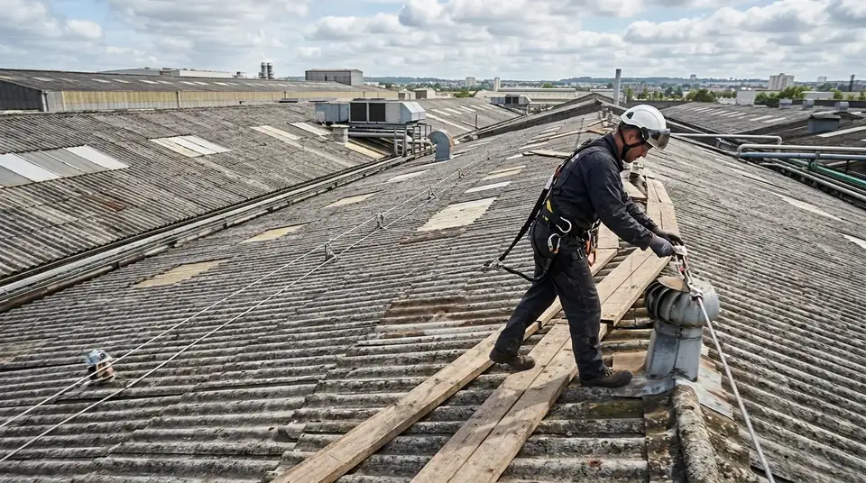 Toiture industrielle en plaques fibrociment avant dépose — chantier réel
