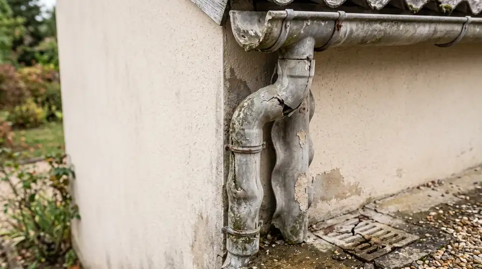 Illustration : descente d'eau pluviale en fibrociment crevassée sur façade de maison