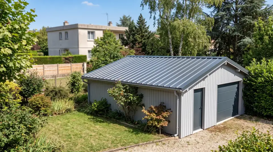 Après : garage rénové avec une toiture neuve en bac acier anthracite