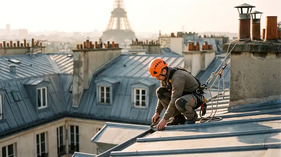 Cordiste en accès sur cordes le long d'une façade parisienne